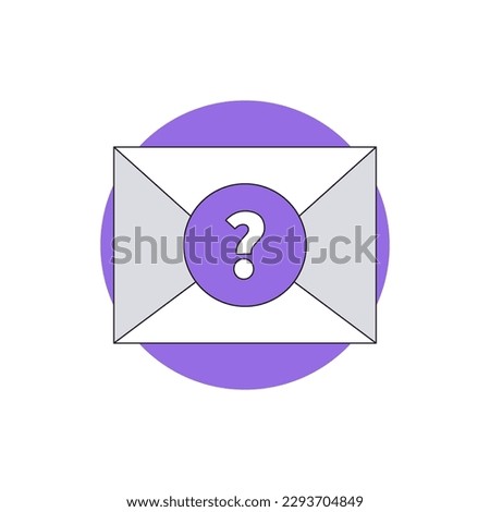 Closed envelope on purple circle. Question mark on purple stamp. Secret promo offer. Metaphor for unread email notification. Receiving or sending new email. Envelope sign, symbol for web or mobile.