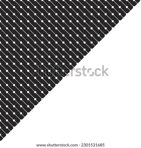 Banner divided into two parts diagonally by two isosceles triangles. Black triangle shaded with white slanted lines with dots. White triangle for text. Layout for catalog, brochure template, magazine.