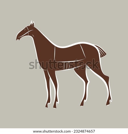 Brown graceful noble horse with white outline. Mustang hand drawing. Majestic animal silhouette isolated. Bay stallion suit. Racehorse template mascot symbol. Emblem for stable, farm, horse racing.