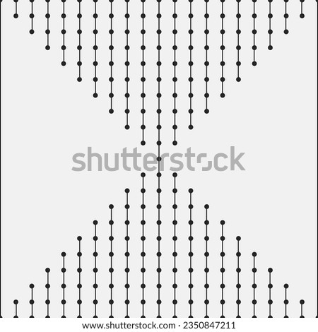Black and white background with pointillist texture. Vertical hatching of two mirrored isosceles right triangles. Vertices of triangles converge in center. Hatching with lines with dots. Copyspace.