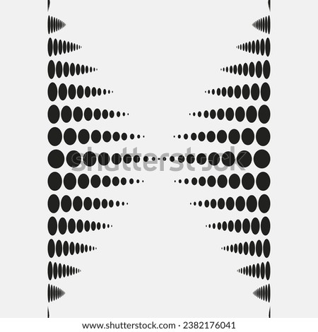 Modern graphic poster with geometric pattern. Striped pattern of round elements inscribed in mirrored triangles. Each triangle shaded with different sizes circles. Vertices of triangles meet in center