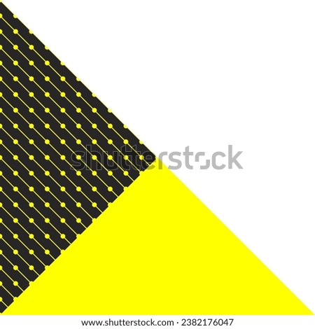 Large white triangle touches its base with two adjacent triangles of black and yellow colors. Black triangle shaded with slanted lines with dots at 45 degree angles. Geometric background for design.