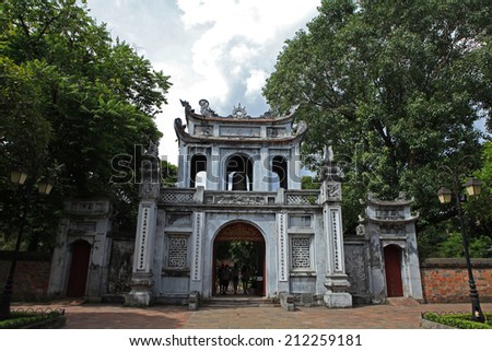 HANOI, VIETNAM - AUG 11, 2014: View of Temple of Literature (Van Mieu) in Hanoi capital, Vietnam. Khue Van Cac, one of the gate of the temple is the symbol of Hanoi.