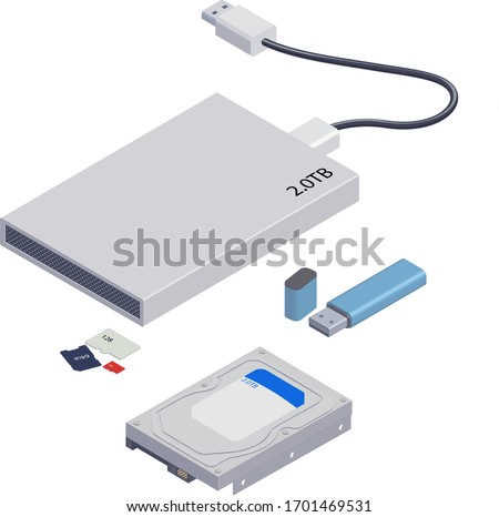 Vector Isolated Isometric Illustration of Computer Memory Devices. Memory Card, Hrd Disk, Usb Flash, Microchip, Drive, Disk, Copy, Portable, Recovery, External, Cable Modern Media Odjects. 