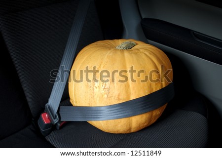 Large orange Halloween pumpkin sitting in car with seat belt. Could also be used as conceptual photograph for food transport.