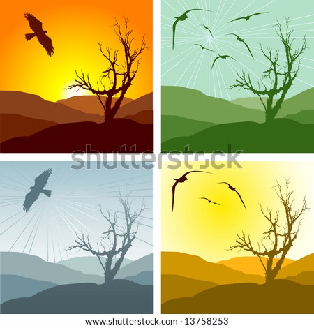 Set of four vector illustrations of a landscape and leafless tree representing different seasons