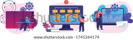 Server maintenance, web design development, business organization icons set. System administration, sitemap creation, enterprise it management metaphors. Vector isolated concept metaphor illustrations