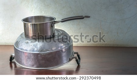 still life old metal pan on Pot steaming pressure