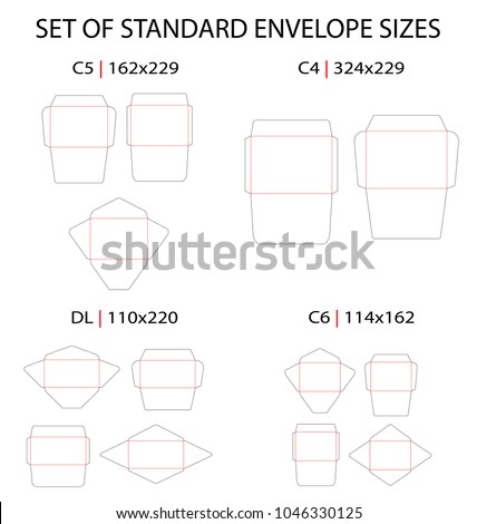 Set of 4 standard types of envelopes vector die cut template: DL, C6, C5, C4. Different shapes: commercial flap, side seam, baronial. Vector black isolated circuit envelope, A6, A5, A4, DL dimensions.