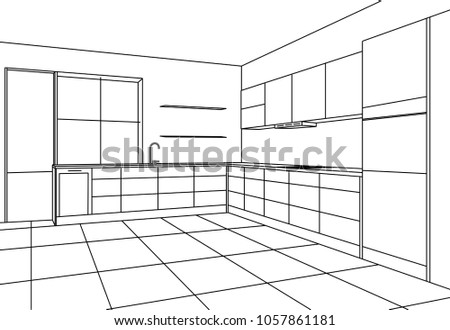 Kitchen corner sketch modern plan interior. Perspective drawing kitchen project interior design 3d. Vector illustration module kitchen system on white background.