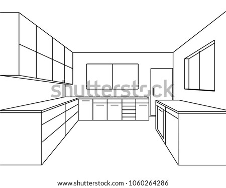 Interior sketch of modern kitchen hand drawing interior plan. Vector line kitchen project illustration in perspective. Module kitchen system.
