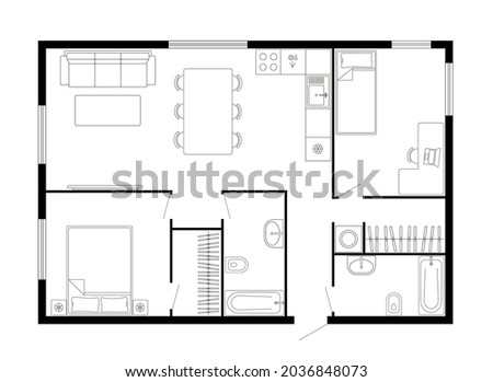 Apartment floor plan. Two bedroom apartment. Vector architecture plan of condominium, flat, house. Interior design elements kitchen, bedroom, bathroom furniture. 2D 2 bedroom apartment floor plan.