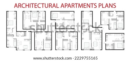 Plan floor apartments set. One, two bedroom apartment. Interior design elements kitchen, bedroom, bathroom with symbols furniture. Vector architecture 2D Studio, condominium, flat floor plan.