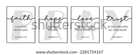 Faith, Hope, Love, Trust. Bible religious vector quote. Lettering typography poster christian words: hope, faith, love, trust. Design frame. Pray Vector word illustration. Wall decor art sign bedroom
