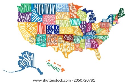 USA MAP. United States of America with script text state names. Flat color vector illustration. American map for poster, banner, t-shirt, tee. Design USA typography map with states names.