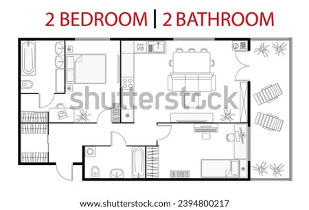 Plan floor apartment. Studio, condominium. Two bedroom layout floor plan. Interior design elements kitchen, bedroom, bathroom with furniture. Vector floorplan living room. Blueprint architectural plan