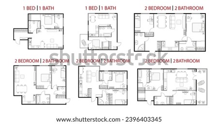 Plan floor apartments set. Studio, condominium, flat, house. One, two bedroom apartment. Interior design elements bedroom, bathroom with symbols furniture. Vector architecture 2D floor plan.