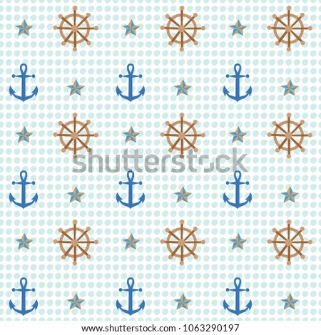 Anchor and shipwheel nautical pattern. A playful, modern, and flexible pattern for brand who has cute and fun style. Repeated pattern. Happy, bright, and nautical mood.