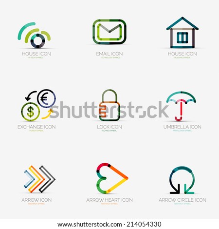 Set of 9 various company logos, business icons. Wifi email home house currency exchange lock security protection umbrella arrow right next heart like social arrow circle round rotation