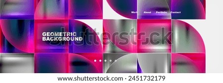 A modern geometric background featuring circles and squares in shades of purple, pink, and violet on a white background. Inspired by automotive lighting, with hints of electric blue and magenta