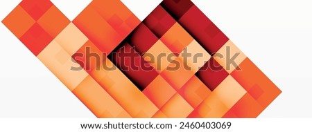 A vibrant plaid pattern of orange squares on a white background, with hints of magenta and electric blue. Geometric shapes like rectangles and circles create symmetry in this colorful design
