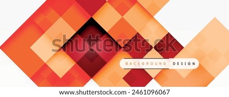 A vibrant textile flooring design with a symmetrical pattern of orange and red squares on a white background, accented with hints of brown, purple, and magenta rectangles