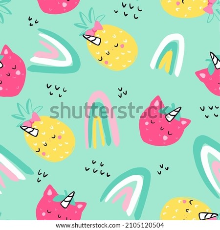 vector illustration.Hand drawn graphics. Summer mood. Cute fruits pineapple and strawberry. Seamless background. Pattern. Cute unicorn horns on strawberry and pineapple. Rainbows. Can be used as a pri