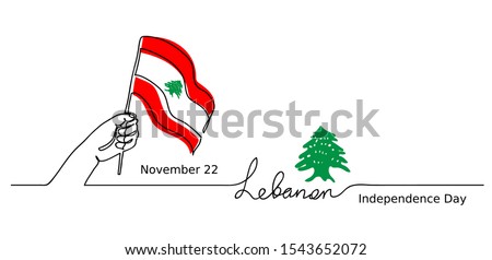 Lebanon, Lebanese Independence Day vector background. One line drawing concept with hand, flag, cedar tree.