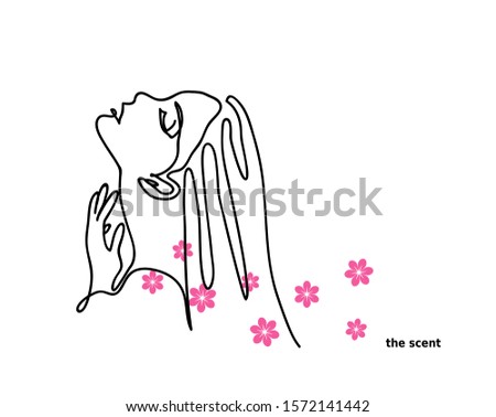 Scent, flavor, Eau de Toilette promotional vector banner. Woman, girl profile, contour. Flower scent.One continuous line drawing. 商業照片 © 