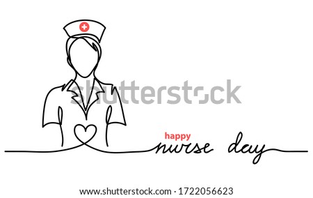 Happy Nurse Day simple vector web banner, background. Nurse day lettering. One continuous line drawing.