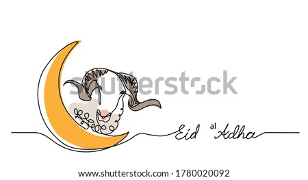 Eid al-Adha simple vector background, web banner with sheep goat and crescent. One continuous line drawing of sheep and moon.