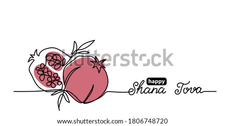 Shana tova simple vector background with pomegranate. One continuous line drawing with lettering happy Shana tova.