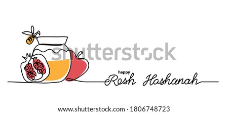 Rosh hashanah simple vector background with honey, apple, pomegranate and bee. One continuous line drawing with lettering happy Rosh hashanah.