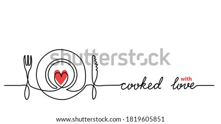 Plate, fork, knife, heart minimalist vector web banner, background. One continuous line drawing with text Cooked with love. Сток-фото © 