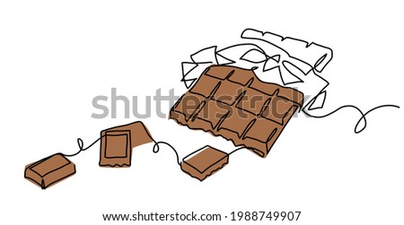 Chocolate bar one continuous line drawing. Unfolded chocolate minimal vector illustration with pieces.
