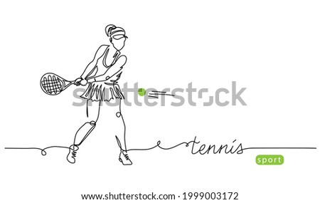 Tennis player simple vector background, banner, poster with woman, racket and ball. One line drawing art illustration of tennis player.