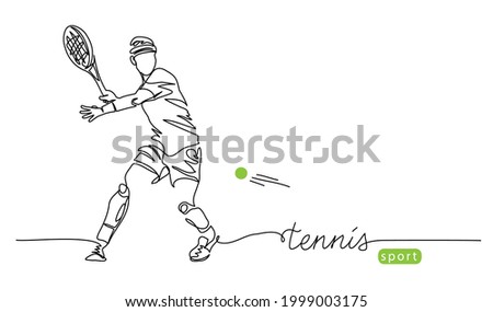 Tennis player simple vector background, banner, poster with man, racket and ball. One line drawing art illustration of male tennis player.