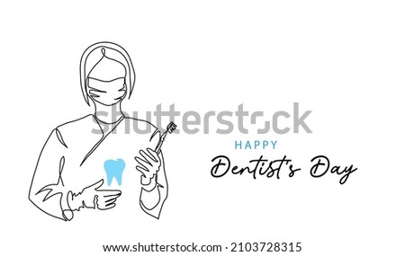 Dentists day simple vector illustration with doctor,tooth and toothbrush. One continuous line art drawing background, banner, poster for dentist day celebration. Foto d'archivio © 