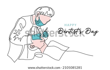 Dentists day simple vector illustration with doctor and patient. One continuous line art drawing background, banner, poster for dentists day celebration. Foto stock © 