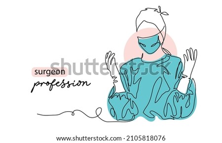 Surgeon portrait, avatar, icon with hands up position. One continuous line art drawing background with surgeon in gloves, mask and uniform.