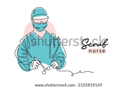 Scrub nurse simple vector illustration with scissors . One continuous line art drawing background, banner, poster of surgical nurse.