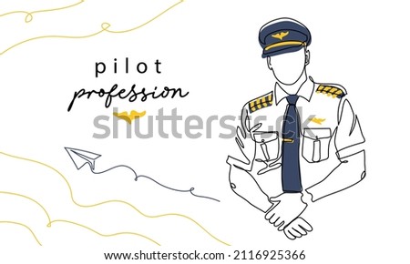 Pilot, aviator profession, man in uniform. Vector background, banner, poster. One continuous line art drawing illustration of pilot.