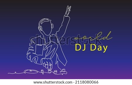 DJ day vector background, banner, poster. One continuous line art drawing illustration of dj.