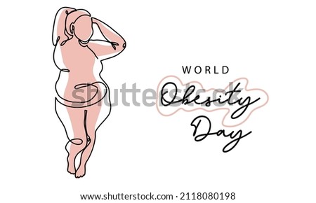 World obesity day simple vector poster, banner, background. Fat woman, girl and her slim silhouette. One continuous line art drawing illustration of fat , overweight woman. Сток-фото © 