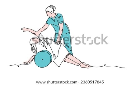 Physiotherapy treatment vector illustration. Spine, back rehabilitation therapy. One continuous line art drawing physiotherapy treatment.