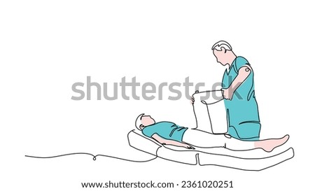 Rehabilitation therapy, massaging on a table. Physiotherapy treatment vector illustration. One continuous line art drawing of massaging on a table.