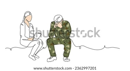 Veteran, soldier and psychotherapist during ptsd therapy session. One continuous line art drawing of mental rehabilitation of soldier.