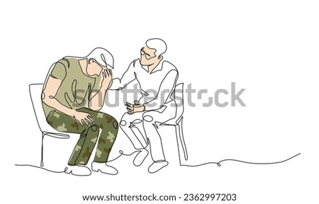 ptsd therapy, post-traumatic stress disorder treatment vector illustration.Veteran, soldier and psychotherapist. One continuous line art drawing of ptsd therapy.