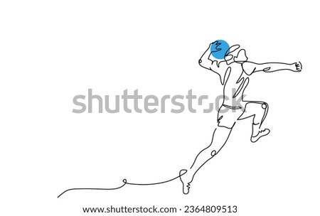 Handball player throws the ball. One continuous line art drawing of handball player in jump.