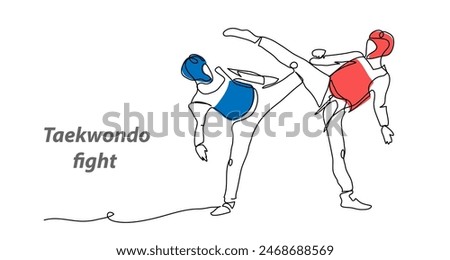 Taekwondo vector background, banner, poster. One continuous line art drawing illustration of taekwondo sport